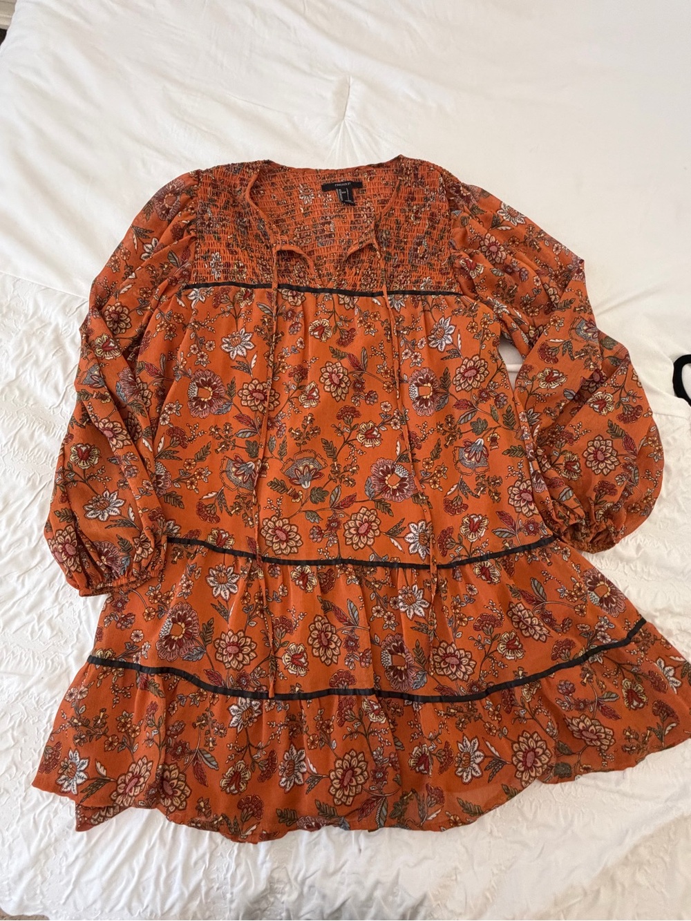 Forever 21 Orange Floral Tiered Long-Sleeve Dress